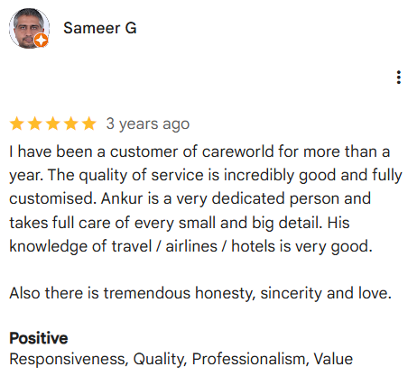 feedback by Mr. Sameer Guglani on assistance received in his & his family's air-travels. Company booked air-tickets and provided consultancy on related arrangements.